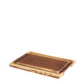 Rectangular wooden carving board with dark walnut center panel and light natural wood border with organic edges.