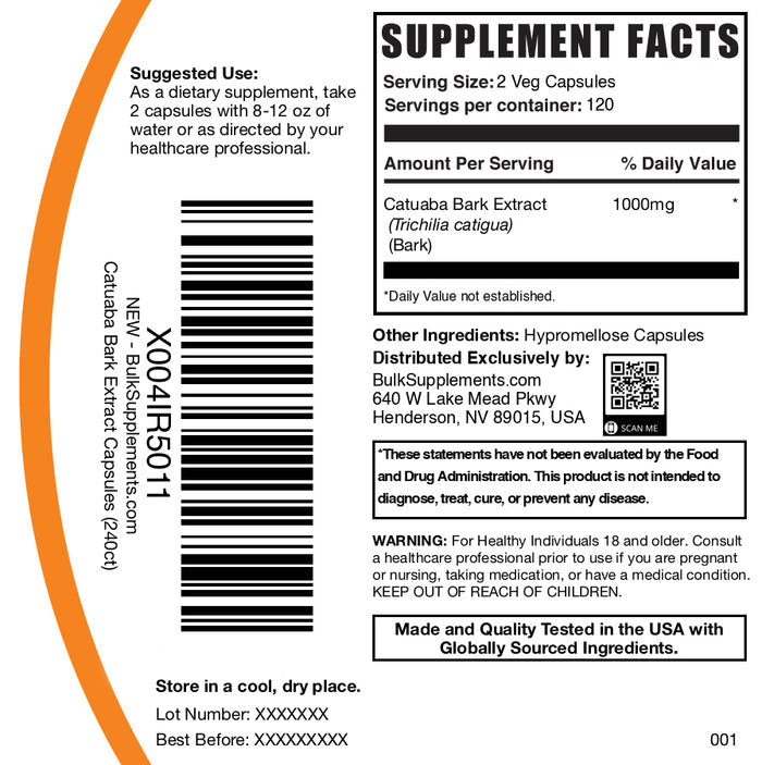 Catuaba bark extract 240 capsules label