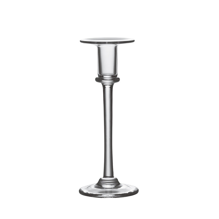 Clear glass candlestick with tapered stem, circular base, and wide candle cup with rim.