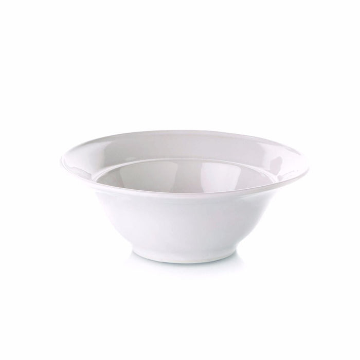 White ceramic cereal bowl with wide rim and rounded interior.
