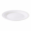 White ceramic dinner plate with concentric ring design and subtle dove gray tone throughout.