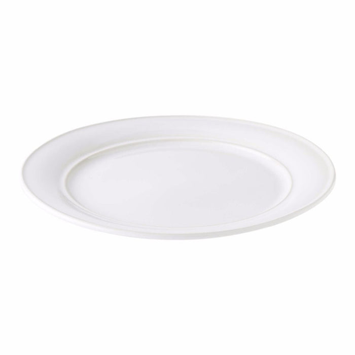 White ceramic dinner plate with concentric ring design and subtle dove gray tone throughout.
