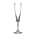 Clear glass flute with tapered bowl, thin stem, and round foot base on white background.