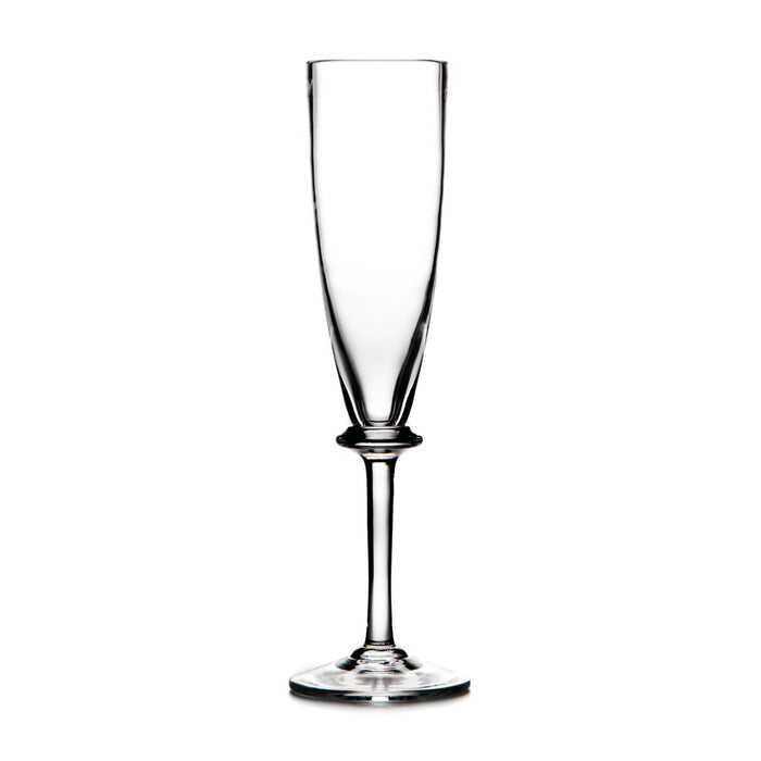 Clear glass flute with tapered bowl, thin stem, and round foot base on white background.