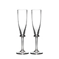 Two clear glass champagne flutes with tapered bowls and pedestal stems on square bases.