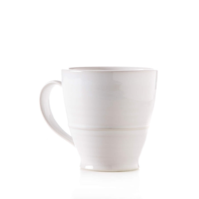 White ceramic mug with handle and horizontal band detail around lower body.