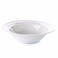 White ceramic pasta bowl with wide rim and curved interior on neutral background.