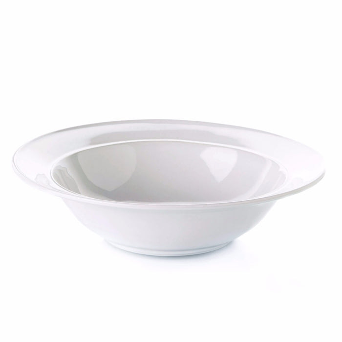 White ceramic pasta bowl with wide rim and curved interior on neutral background.