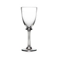 Empty clear wine glass with stem and base on white background.