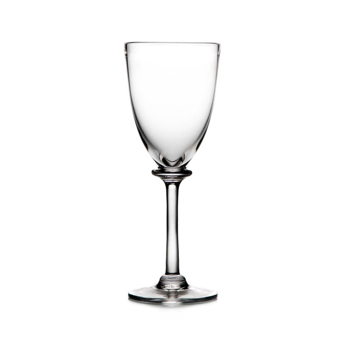 Empty clear wine glass with stem and base on white background.