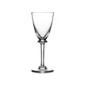 Clear glass wine goblet with tall stem and wide bowl on round base.
