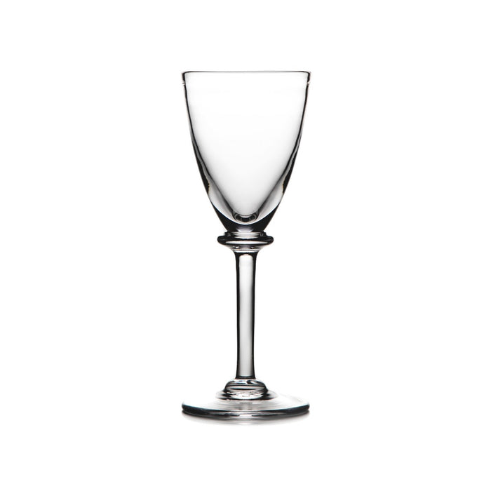 Clear glass wine goblet with tall stem and wide bowl on round base.