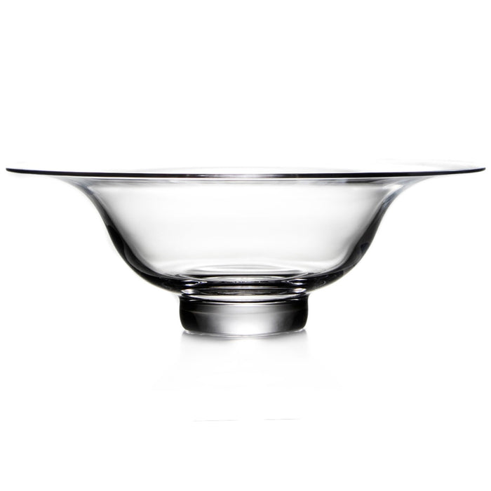 Clear glass bowl with wide rim and pedestal base.