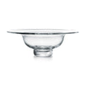 Clear glass bowl with wide rim and pedestal base on white background.