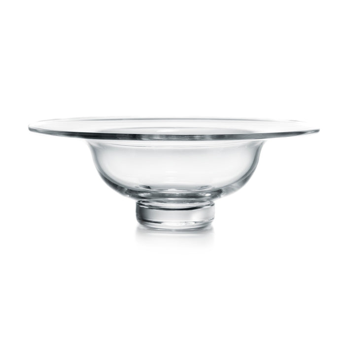 Clear glass bowl with wide rim and pedestal base on white background.