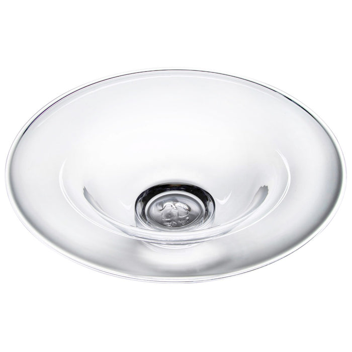 Clear glass bowl with wide shallow rim and centered circular indentation at the base.
