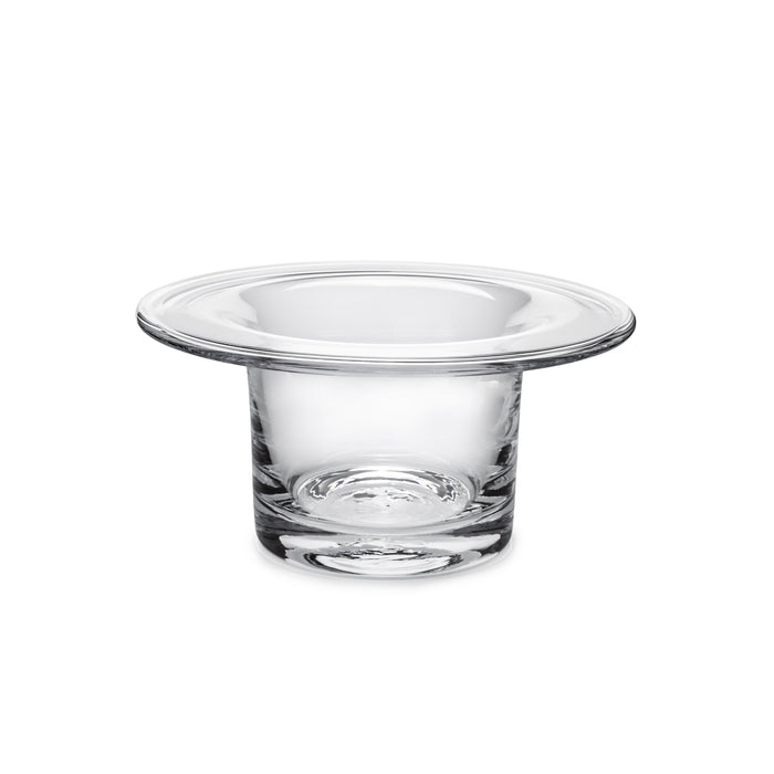Clear glass hurricane vase with wide flared rim and cylindrical body.