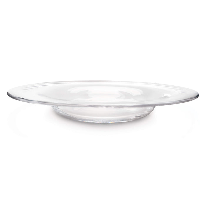 Clear glass platter with wide shallow bowl and rimmed edges.