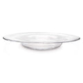 Clear glass platter with wide shallow bowl and flat rim.