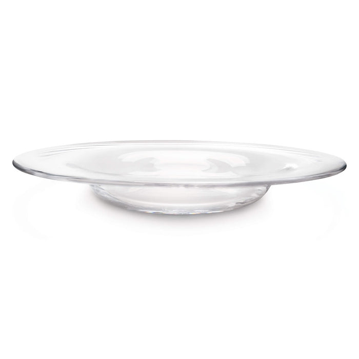 Clear glass platter with wide shallow bowl and flat rim.