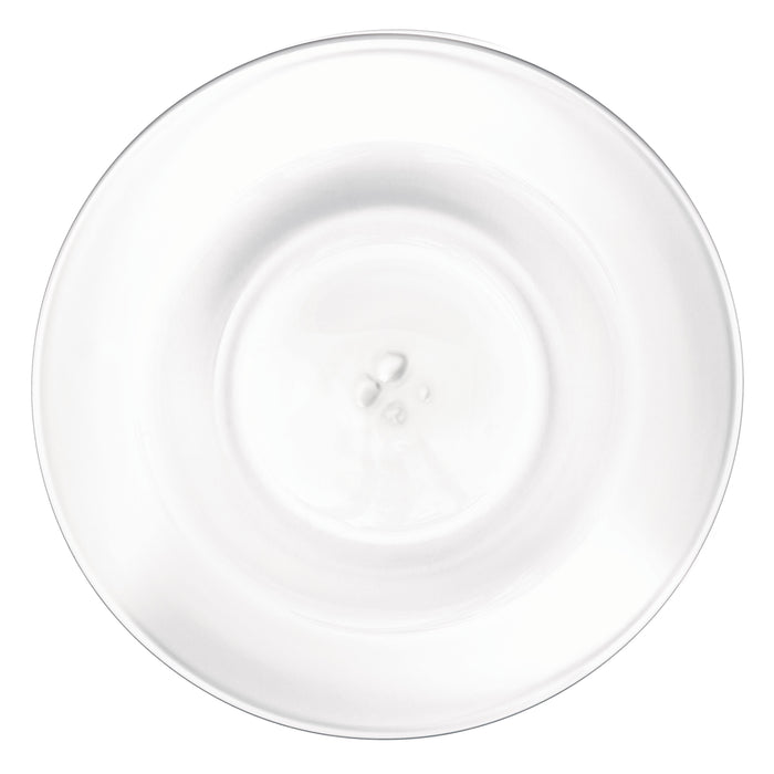 White ceramic platter with concentric circular ridges and recessed center, viewed from above.