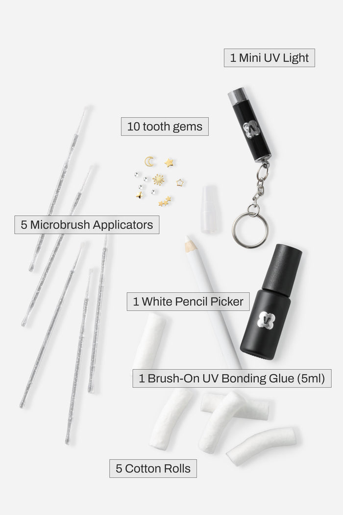 CELESTIAL DIY Tooth Gem Kit includes 10 gems, UV light, bonding glue, microbrushes, pencil picker, and cotton rolls.