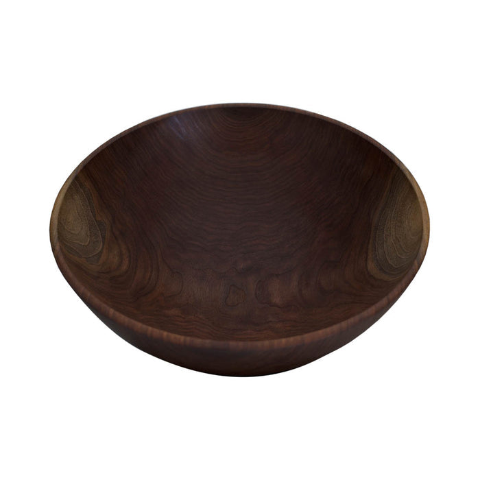 Dark brown wooden bowl with curved sides and visible grain patterns throughout.