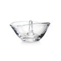 Clear glass ring holder with a central pedestal post and wide curved bowl base.