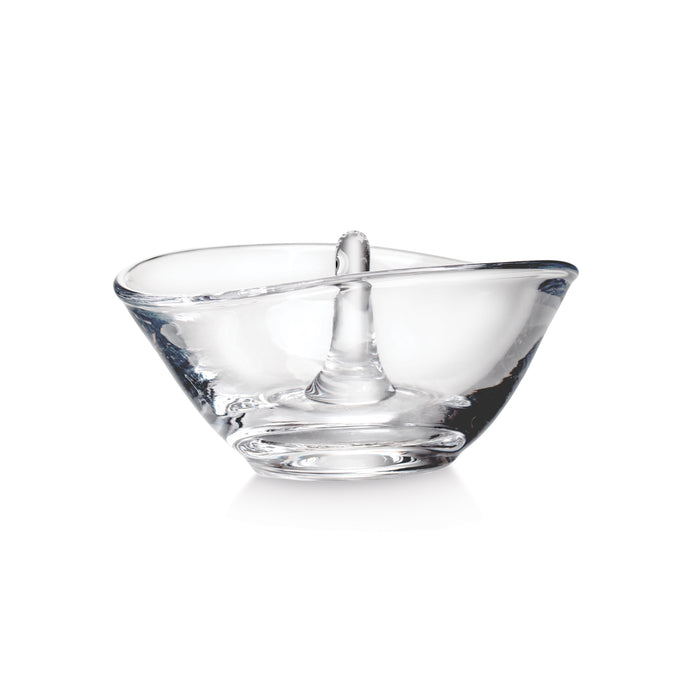Clear glass ring holder with a central pedestal post and wide curved bowl base.