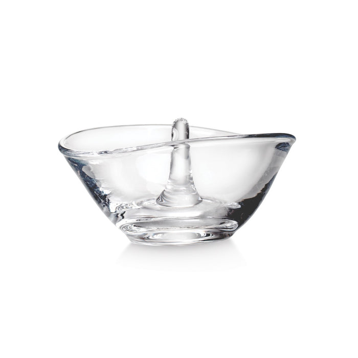 Clear glass ring holder with a central post and wide bowl base.