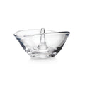 Clear glass ring holder with a central post and wide bowl base.