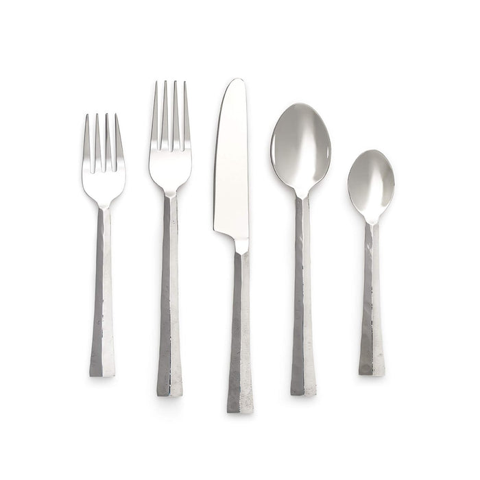 Five-piece stainless steel flatware set with two forks, two spoons, and one knife arranged in a row.