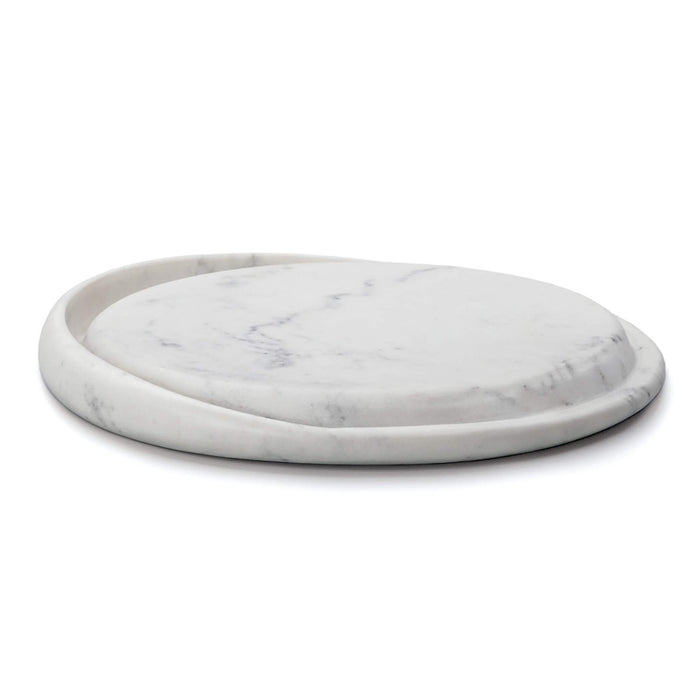 Round white marble board with gray veining and raised rim edge.