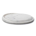 Round white marble board with gray veining and raised rim edge.