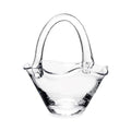 Clear glass basket with curved arched handles and flared sides for holding items.