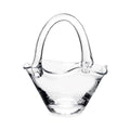 Clear glass basket with curved sides and an arched handle.