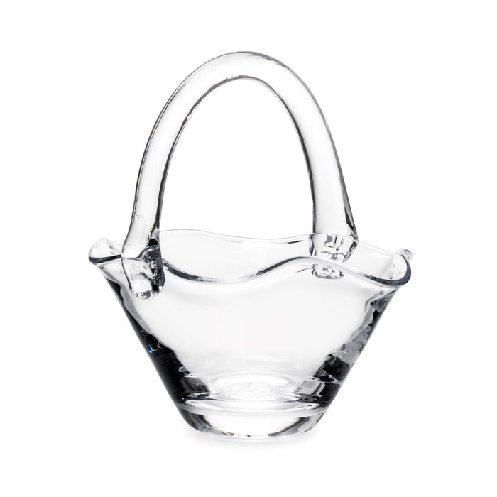 Clear glass basket with curved sides and an arched handle.