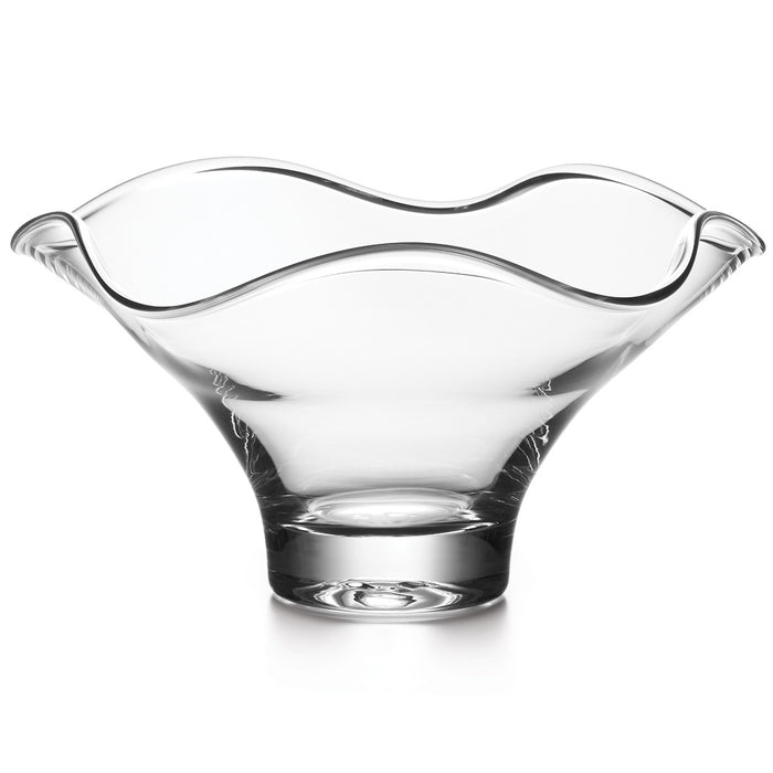 Clear glass bowl with wavy fluted rim and handles on sides.
