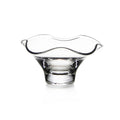 Clear glass bowl with wavy fluted rim and pedestal base.