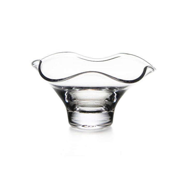 Clear glass bowl with wavy, ruffled rim and tapered cylindrical base.