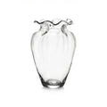 Clear glass vase with cinched waist and ruffled rim opening, featuring vertical optic ribbing.