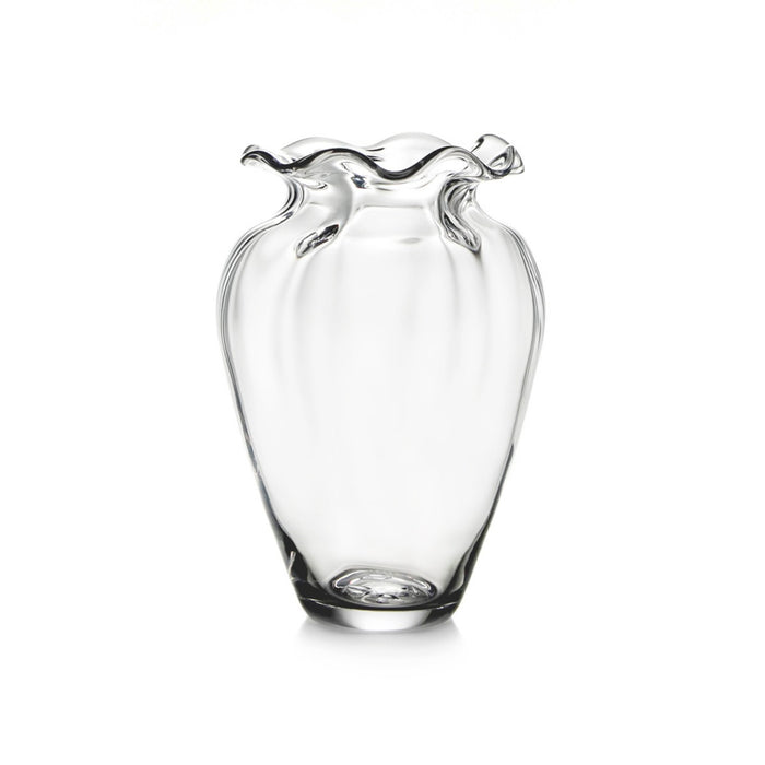 Clear glass vase with cinched waist and ruffled rim opening, featuring vertical optic ribbing.