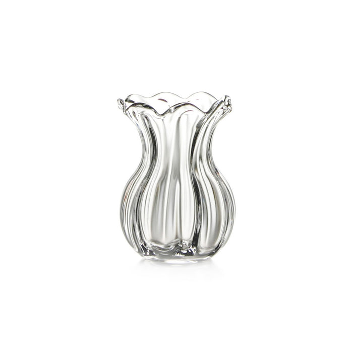 Clear glass vase with vertical ribbed pattern and scalloped rim.