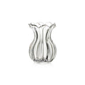 Clear glass vase with vertical ribbed pattern and scalloped fluted rim.