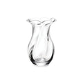 Clear glass vase with a wavy-edged opening and ribbed vertical texture along the body.