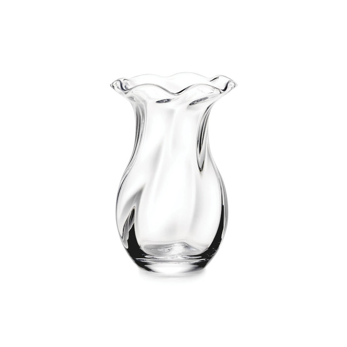 Clear glass vase with a wavy-edged opening and ribbed vertical texture along the body.