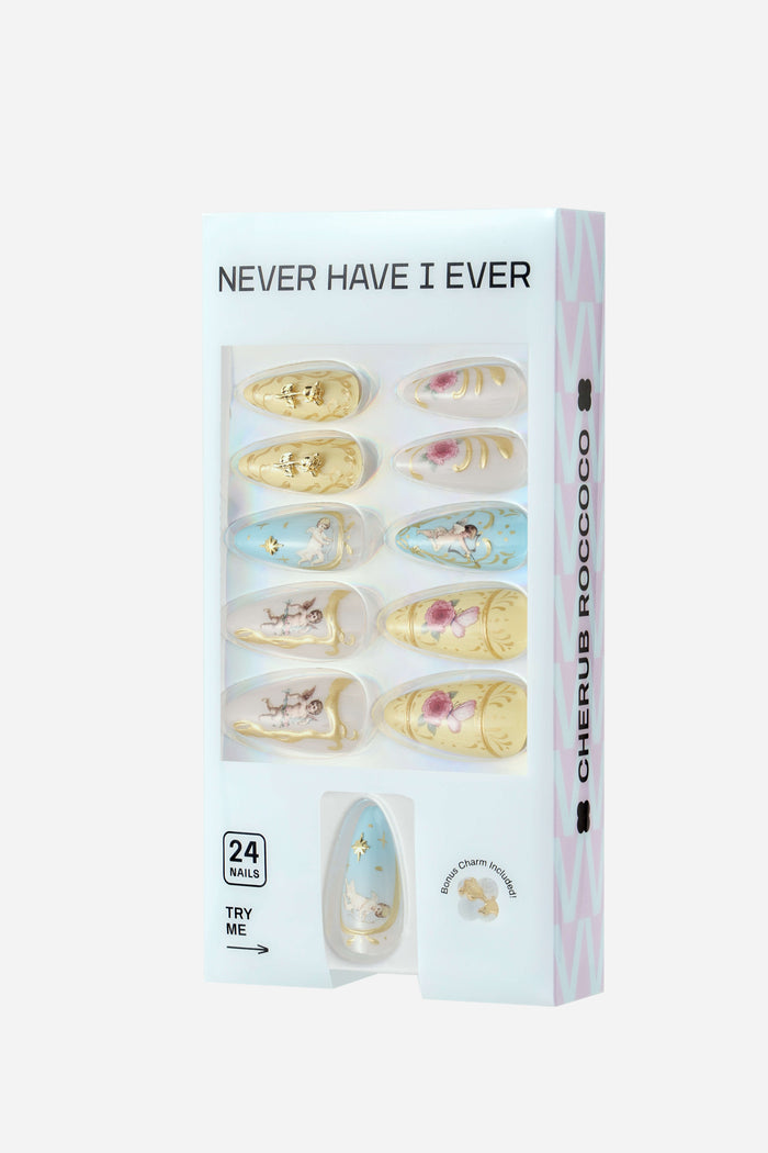 CHERUB ROCOCO almond press-on nails with cherub and floral designs