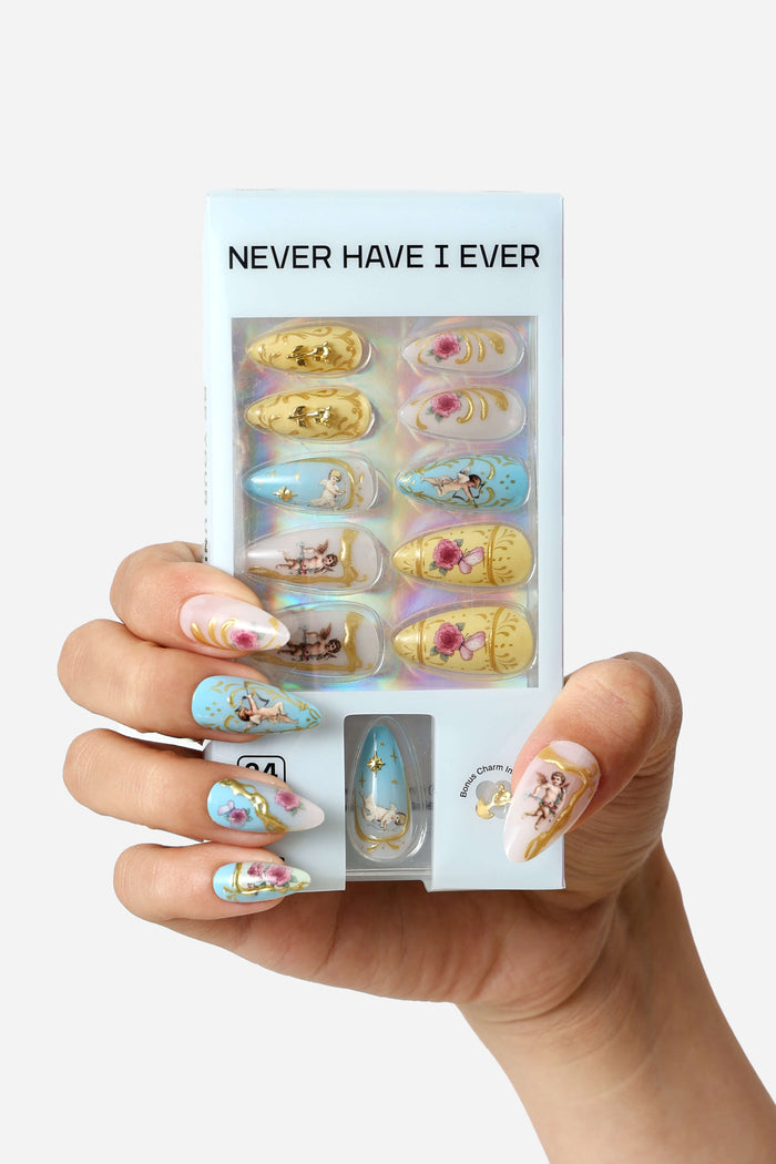 Cherub Rococo almond press-on nails with cherub and floral designs