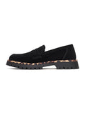 A pair of chic black loafers with a chunky sole, known as Lily black loafers, a stylish and fashionable choice in footwear.
