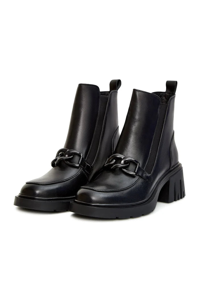 A trendy pair of black ankle boots with chain details and chunky heels - perfect for a fashionable look.